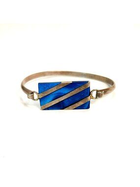 Vintage Alpaca Mexico Blue Abalone Inlay Hinged Bangle Bracelet Geometric